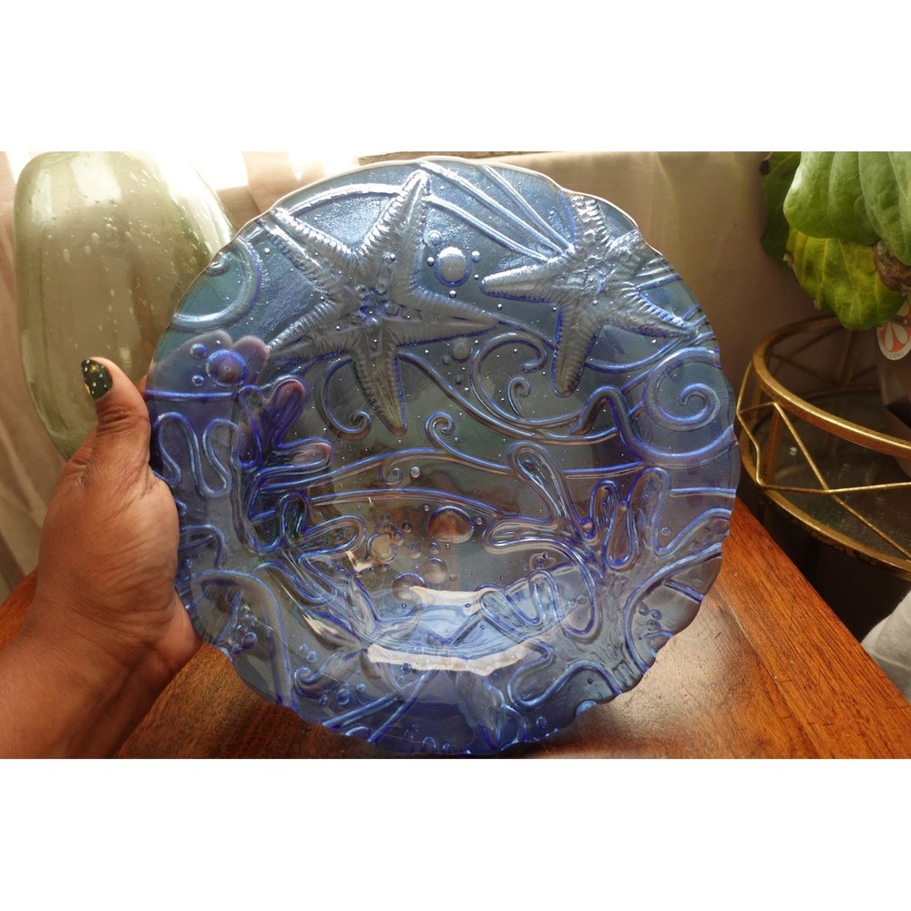Blue Iridescent Glass Plate Starfish Seashell‎ Decorative Display Dish